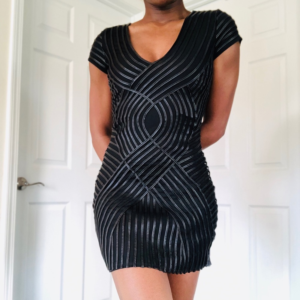 NEW Designer Black Cocktail Dress w Leather Detail